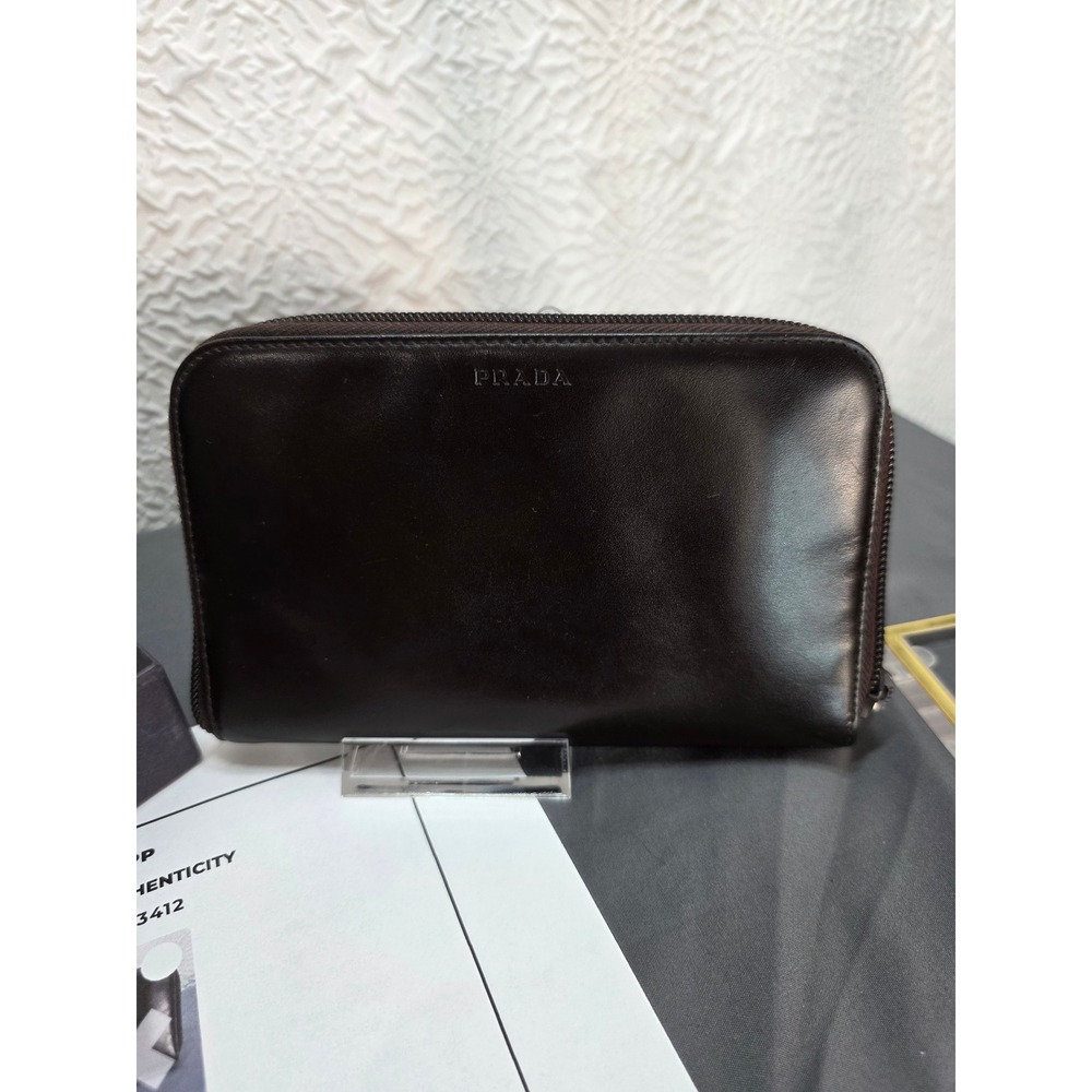 Prada Smooth Vitello Leather Zip-Around Wallet Dark Brown EUC with COA and Box